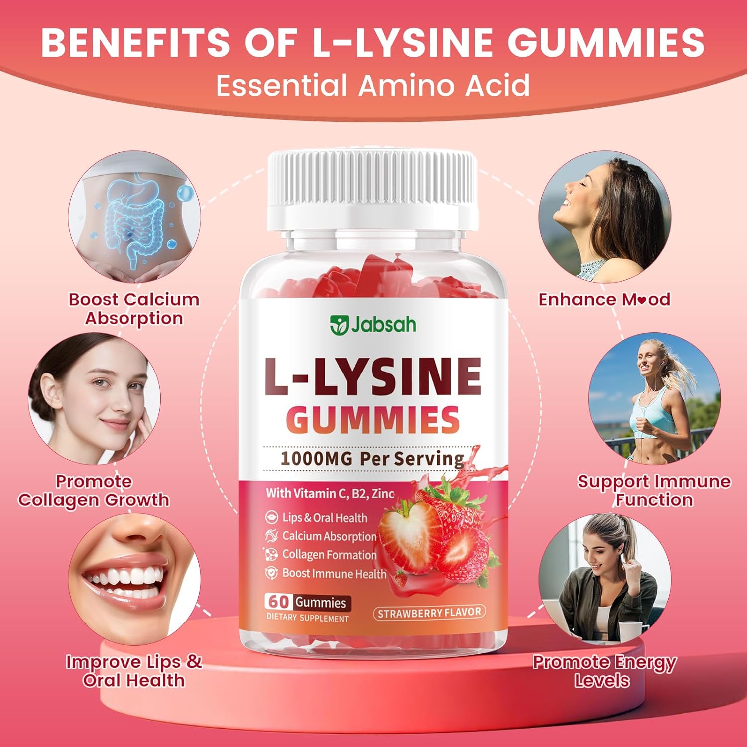 L-Lysine Gummies 1000 mg for Kids and Adults, L-Lysine Supplements with Vitamin C, B2 for Lips & Oral Health, Immune Support & Collagen & Calcium- Vegan, Non GMO, Strawberry Flavor, 120 Count