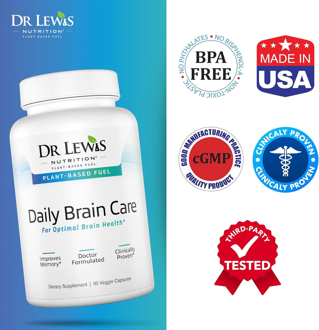 Brain Supplements for Memory and Focus – Dr Lewis Daily Brain Care Capsules with Aloe Vera – Plant-Based Nootropic and Energy Supplement for Brain Fog, Mental Clarity, and Immune Support – 90 Capsules