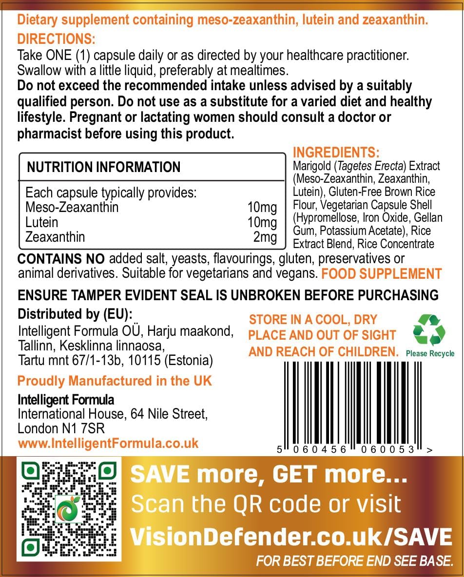 Vision Defender MAC Eye Supplement: Lutein, Zeaxanthin & Meso-Zeaxanthin Triple Antioxidant Carotenoids for Eye Health and Eyesight (90 Capsules/One Capsule Daily) Made in UK
