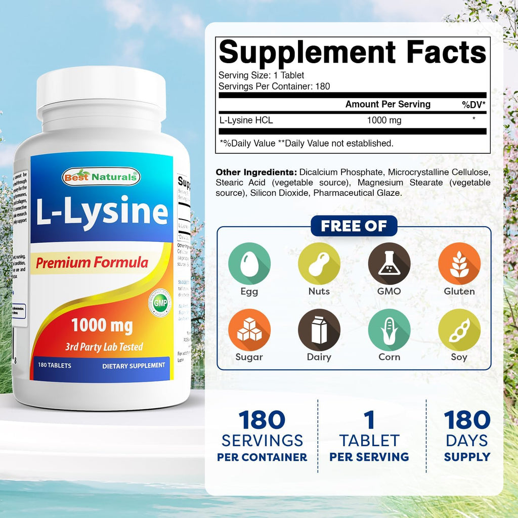 Best Naturals L-Lysine 1000mg 180 Tablets (180 Count (Pack of 1)) (3 Bottles)