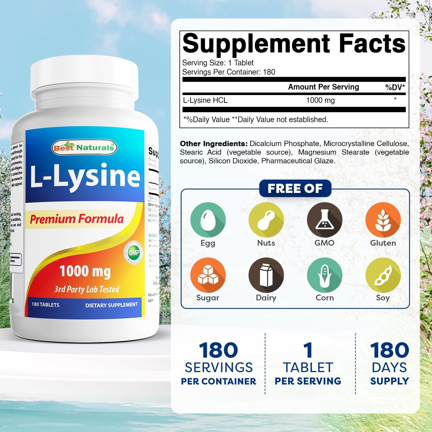 Best Naturals L-Lysine 1000mg 180 Tablets (180 Count (Pack of 1)) (3 Bottles)