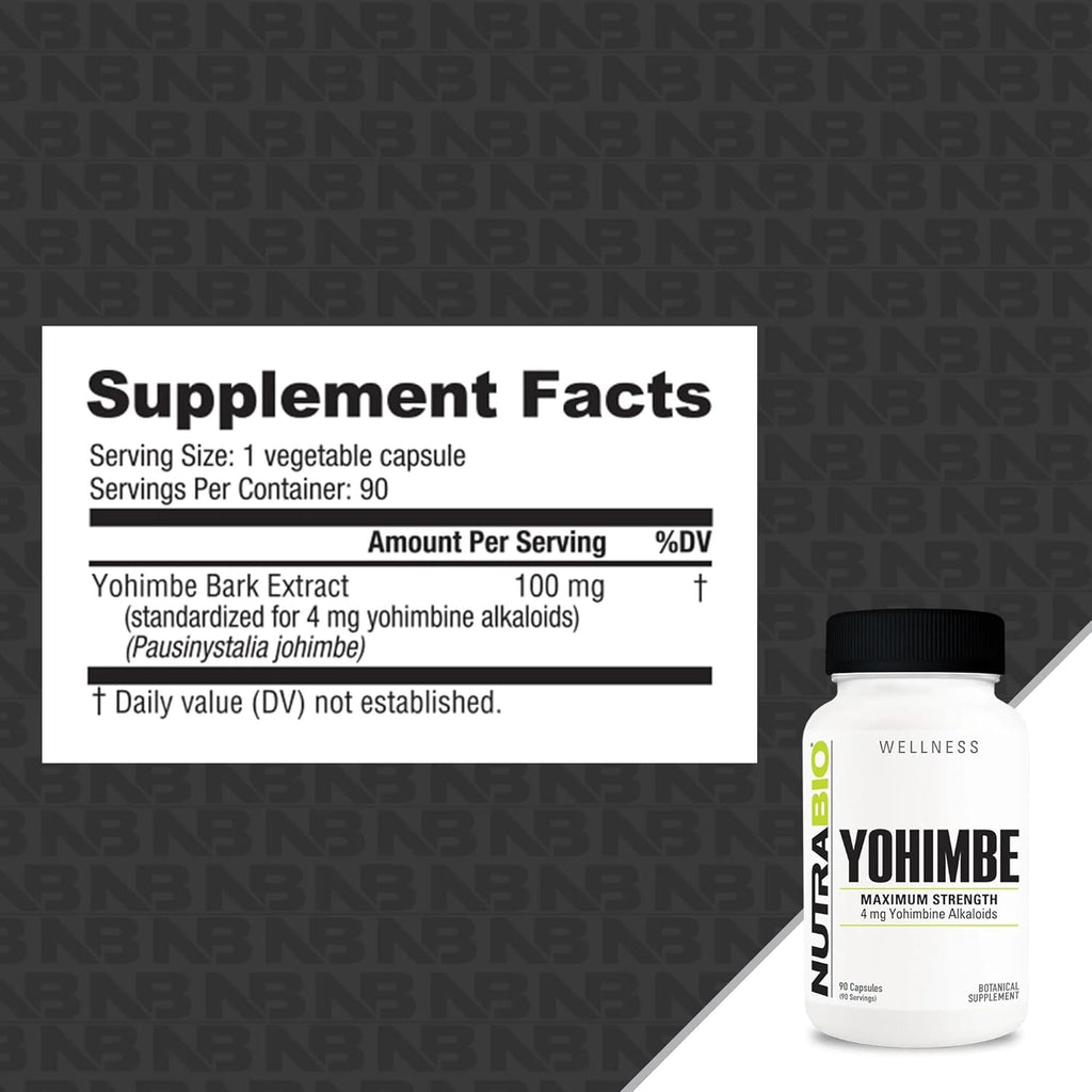 NutraBio Yohimbe (4mg)- Yohimbe Supplement for Men and Women- Yohimbe Bark Extract- 4mg- 90 Vegetable Capsules