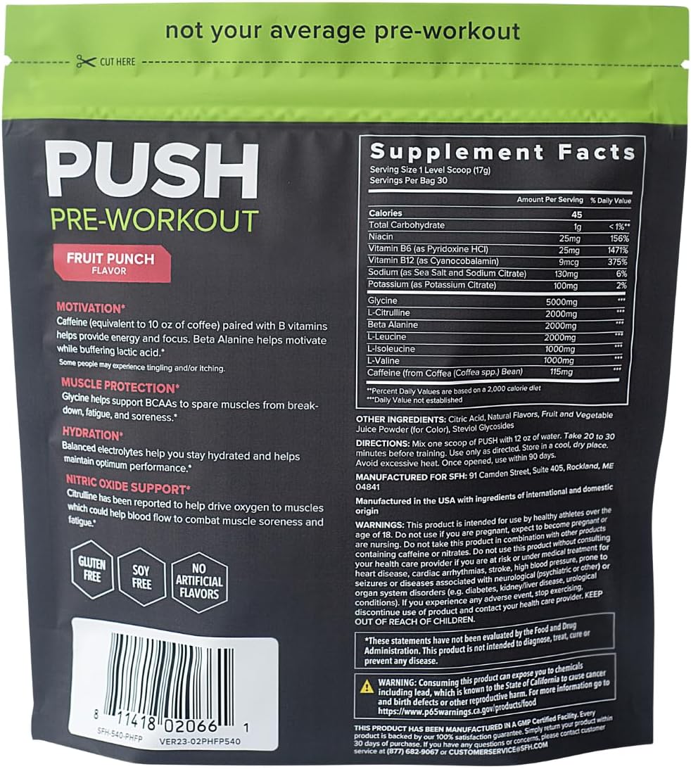 SFH Push Pre-Workout Powder (Fruit Punch) BCAAs for Muscle Repair | Electrolytes | Non-Dairy, No Artificial Flavors, Colors, Sugar, Soy, Gluten, or GMOs (Bag)