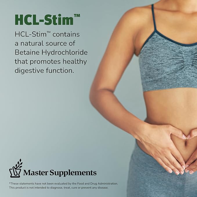 Master Supplements HCL-Stim - 30 Vegetable Capsules - Provides Digestive Support + Gas & Bloating Relief - Vegan, Gluten Free - 30 Servings