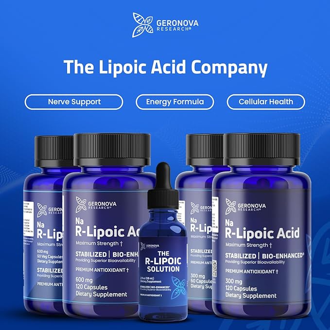 Geronova Research The R-Lipoic Solution, 2 fl oz – Potassium-Stabilized R-Lipoic Acid Liquid for Healthy Aging, Supports Nerve Health, and Cellular Balance – Fast-Absorbing 3-Ingredient RLA Drops