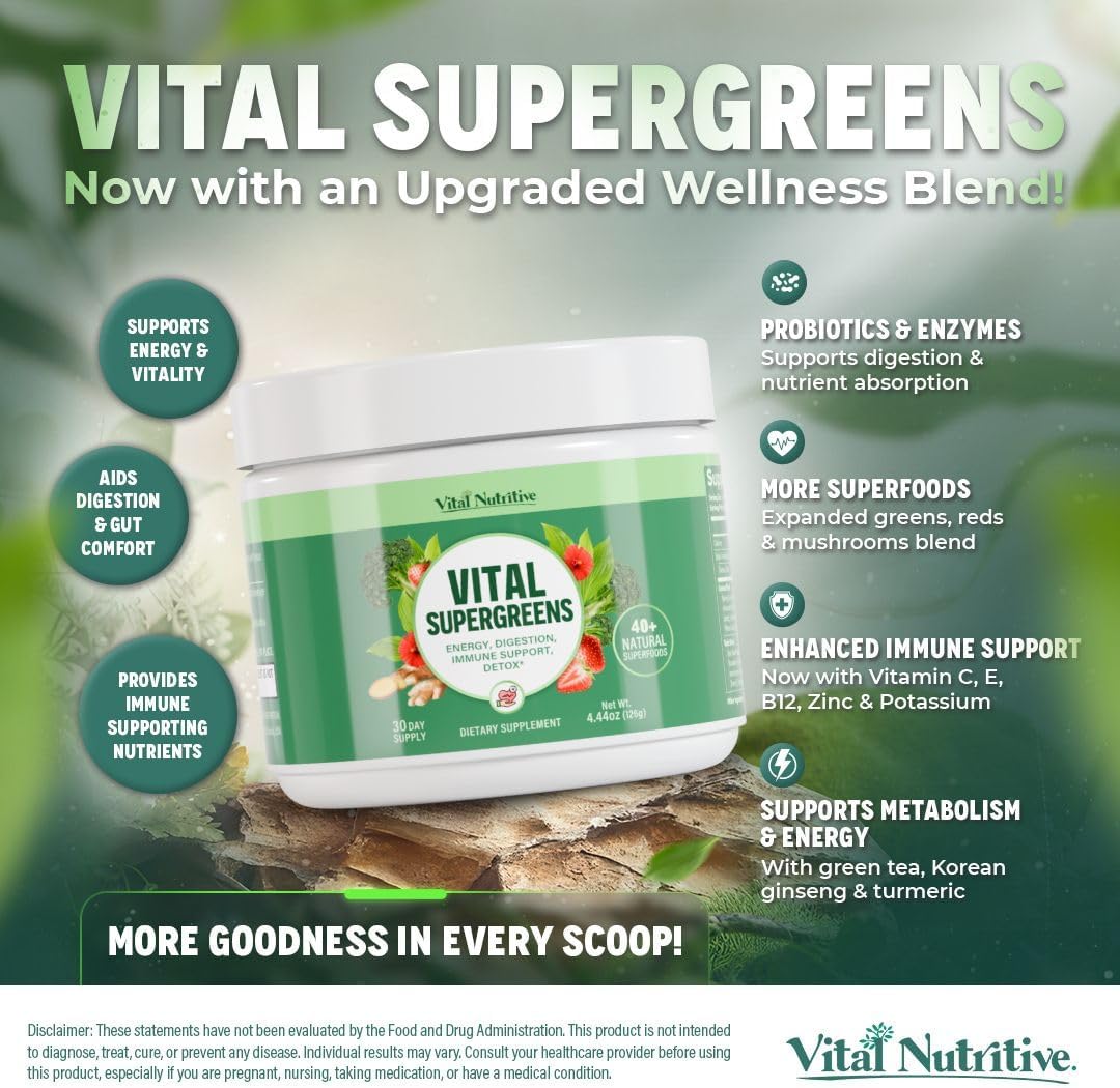 Vital Greens Superfood Powder – New Formula with 40+ Superfoods Daily Green Drink Powder w/Probiotics – Supergreens for Energy, Gut Health, Digestion Support, Plant-Based, Vegan Superfoods