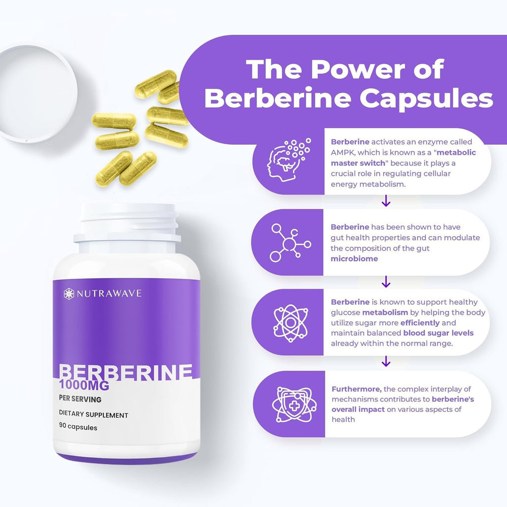 PURE Berberine Maximum Potency - Supports Blood Sugar Levels & Metabolism, 1000mg Per Serving - 2 Capsules - For Adults Seeking Natural Glucose Support - Non-GMO, Vegan - 1 Pack