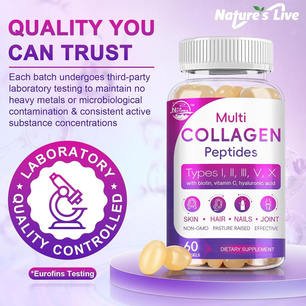 Multi Collagen Peptides Softgel - Type I, II, III, V, X - Hydrolyzed Collagen Peptides with Biotin, Vitamin C, Hyaluronic Acid, Supports Skin Hair Nail, Grass-Fed, Non-GMO, 60 Softgel, 3 Pack