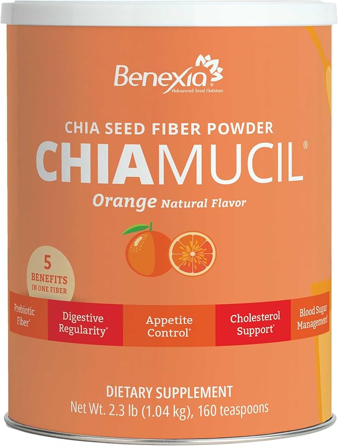 Chiamucil Prebiotic Fiber Supplement Powder – Chia Fiber & Chicory Root (Inulin) for Digestive Health & Appetite Control – Gluten & Sugar Free, Vegan, Non-GMO, Orange - 80 Servings