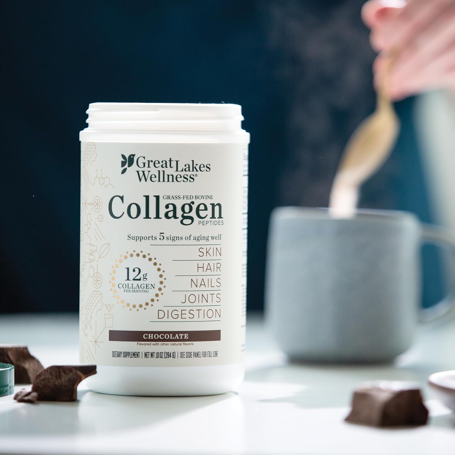Great Lakes Wellness Collagen Peptides Powder for Skin, Hair, Nails, Joints & Digestion - Chocolate Flavored - Quick Dissolve Hydrolyzed, Non-GMO, Kosher - 10 oz