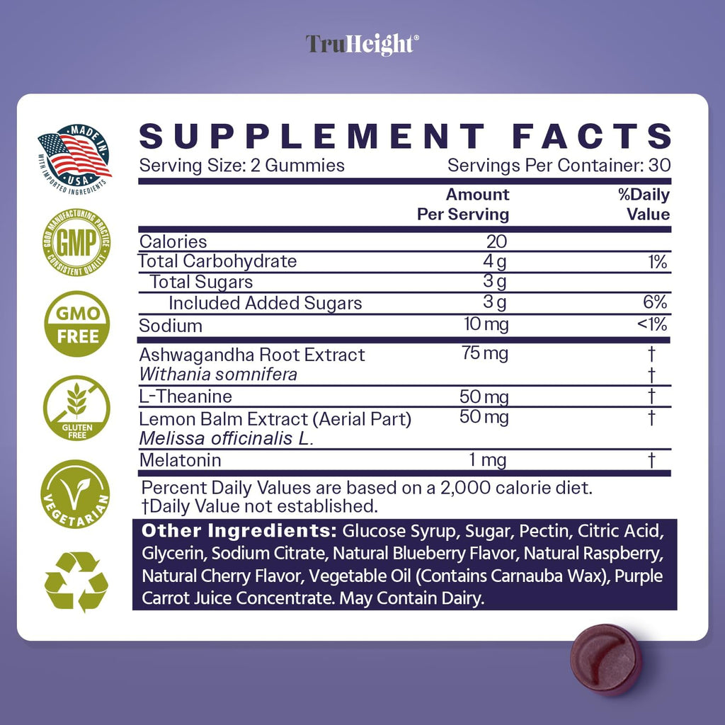 TruHeight Sleep Gummies - Kids & Teen Natural Sleep Aid for Maximum Growth - Pediatric Recommended - Kids Melatonin Gummy - Melatonin, Ashwagandha, L Theanine, Lemon Balm, Ages 4+, Mixed Berry Flavor
