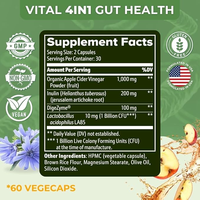 Vital Gut Health 4in1 Formula with Apple Cider Vinegar, Prebiotics & Probiotics, Digestive Enzymes for Strong Immunity Support and Complete Gut and Digestion Support- 60 Days Supply