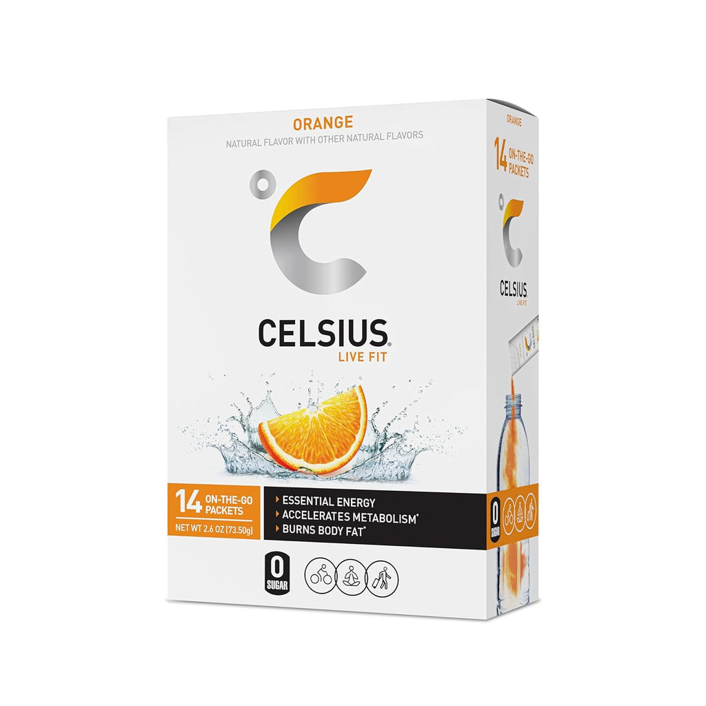 CELSIUS On-the-Go Powder Stick Zero Sugar (14 Sticks per Pack), Orange, 2.60 Oz (Pack of 2)