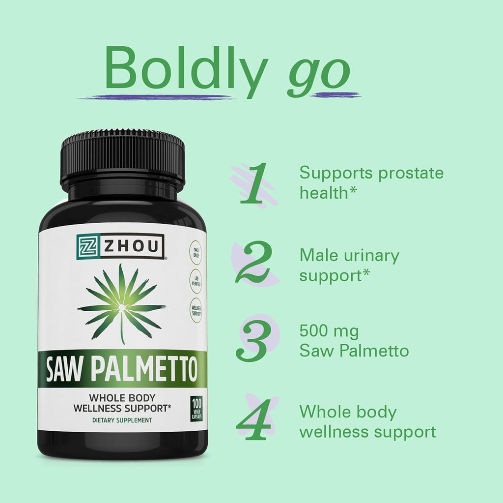 Zhou Saw Palmetto Supplement for Men - Premium Complex, Advanced Formula, Extra Strength 450mg Saw Palmetto Berry Per Capsule - 100 Vegetarian Capsules