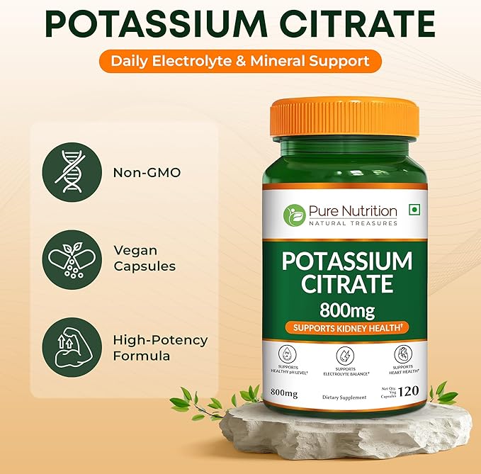Pure Nutrition Potassium Citrate 800mg | 120 Caps | Support Electrolyte Balance | High Potency 800mg Potassium Citrate per Serving.