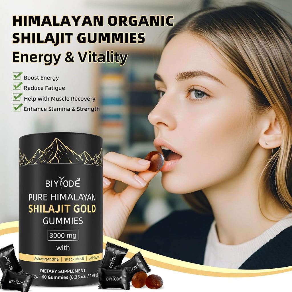 Pure Himalayan Shilajit Gummies: Rich in Ashwagandha, Gaulshura, Fulvic Acid, 85 Micronutrients. Suitable for Men. No Added Sugar. Non-GMO. 100% Natural Organic. 60 Gummies.