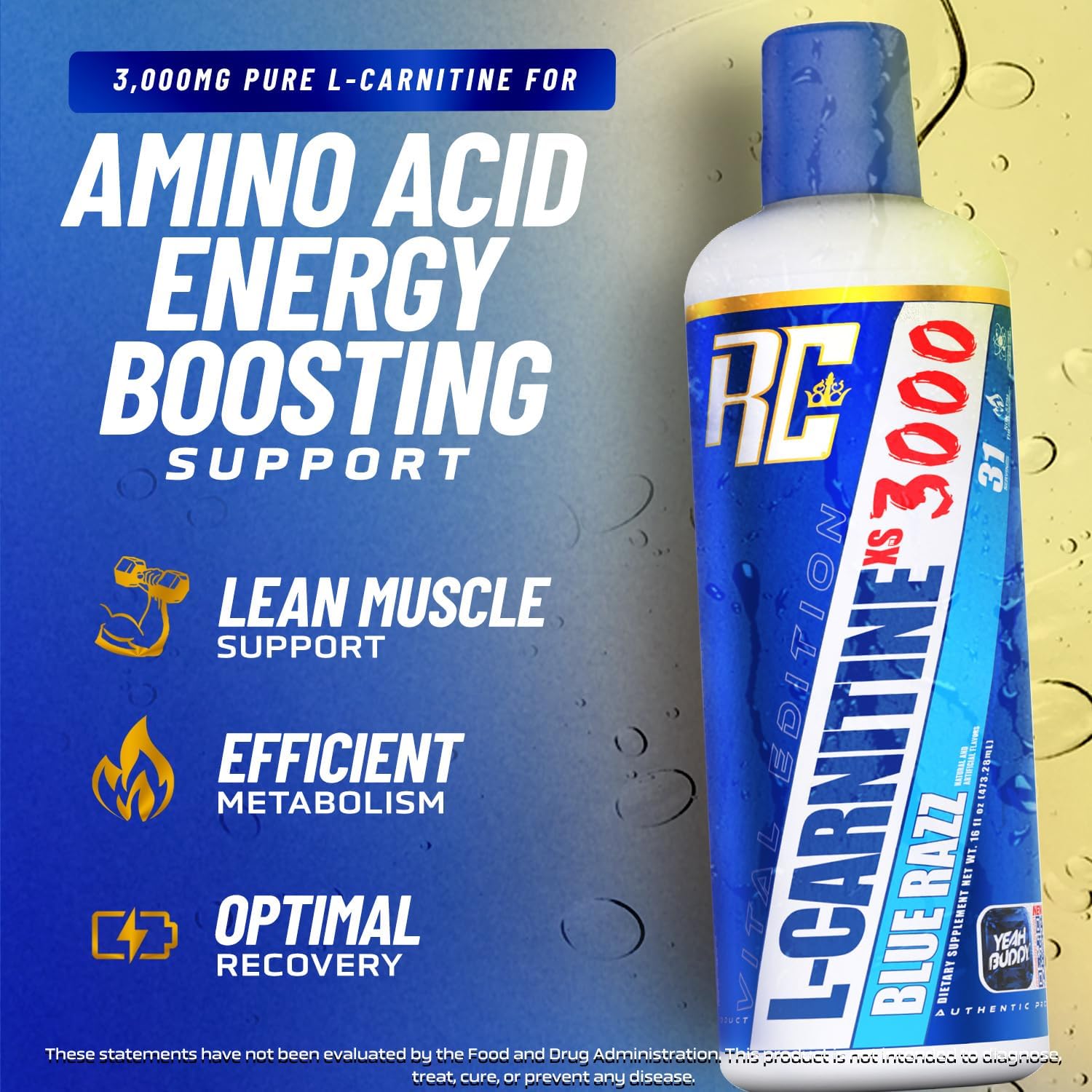 Ronnie Coleman Signature Series L-Carnitine XS 3000 Liquid, Amino Acids Metabolism and Lean Muscle Strength Support, Stimulant Free, Sugar Free, Zero Carbs, Blue Razz, 16 Oz