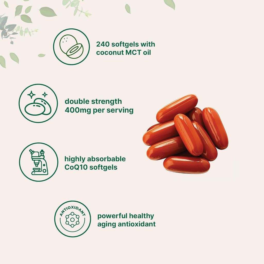 Micro Ingredients CoQ10 400mg Per Serving | 240 Softgels with Coconut MCT Oil | High Absorption Coenzyme Q10 as Ubiquinone | Antioxidant Support for Heart & Energy Health | Non-GMO