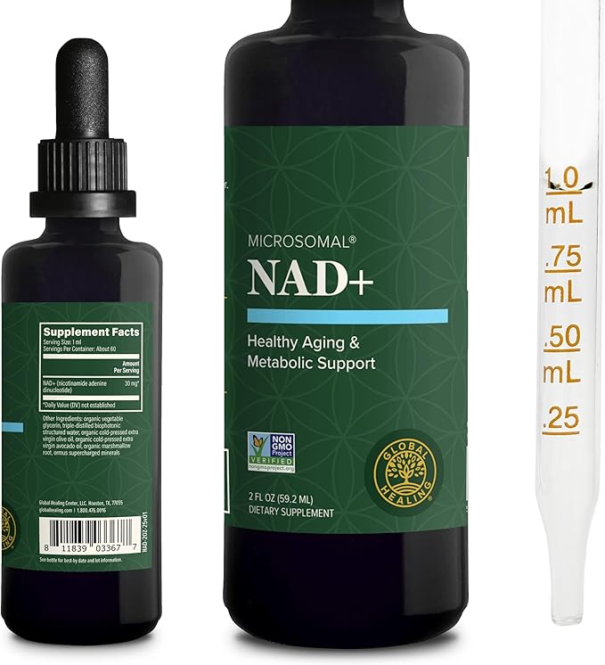 Global Healing Premium NAD+ Liquid Supplement - Sublingual NAD Drops - Liposomal NAD Plus Serum for Cellular Renewal - Nicotinamide Riboside Formula for Men & Women (2 Oz)