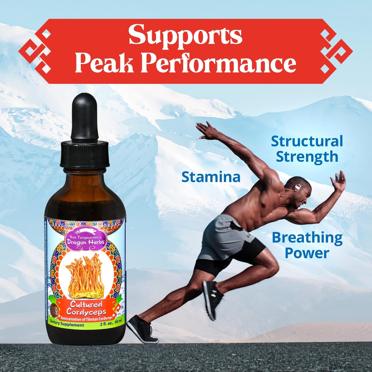 Dragon Herbs Cultured Cordyceps Drops Tibetan Wild Strain • Mushroom Supplement • Deep Rejuvenation, Lung & Brain Power, Stamina • Triple Extractions • Cordycepin • Vegetarian, 2 fl oz 60ml • Tincture