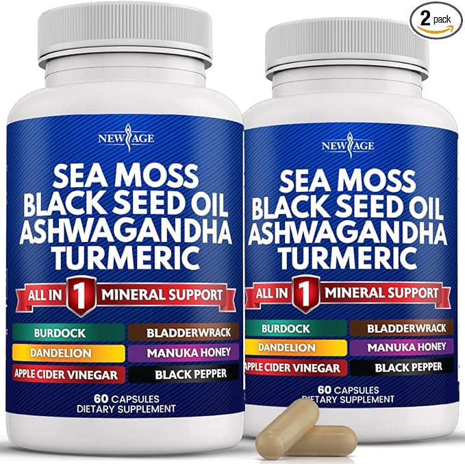 NEW AGE Sea Moss Capsules, Black Seed Oil Ashwagandha Turmeric Bladderwrack Burdock - with Manuka, Honey Dandelion, ACV Black Pepper Gluten Free