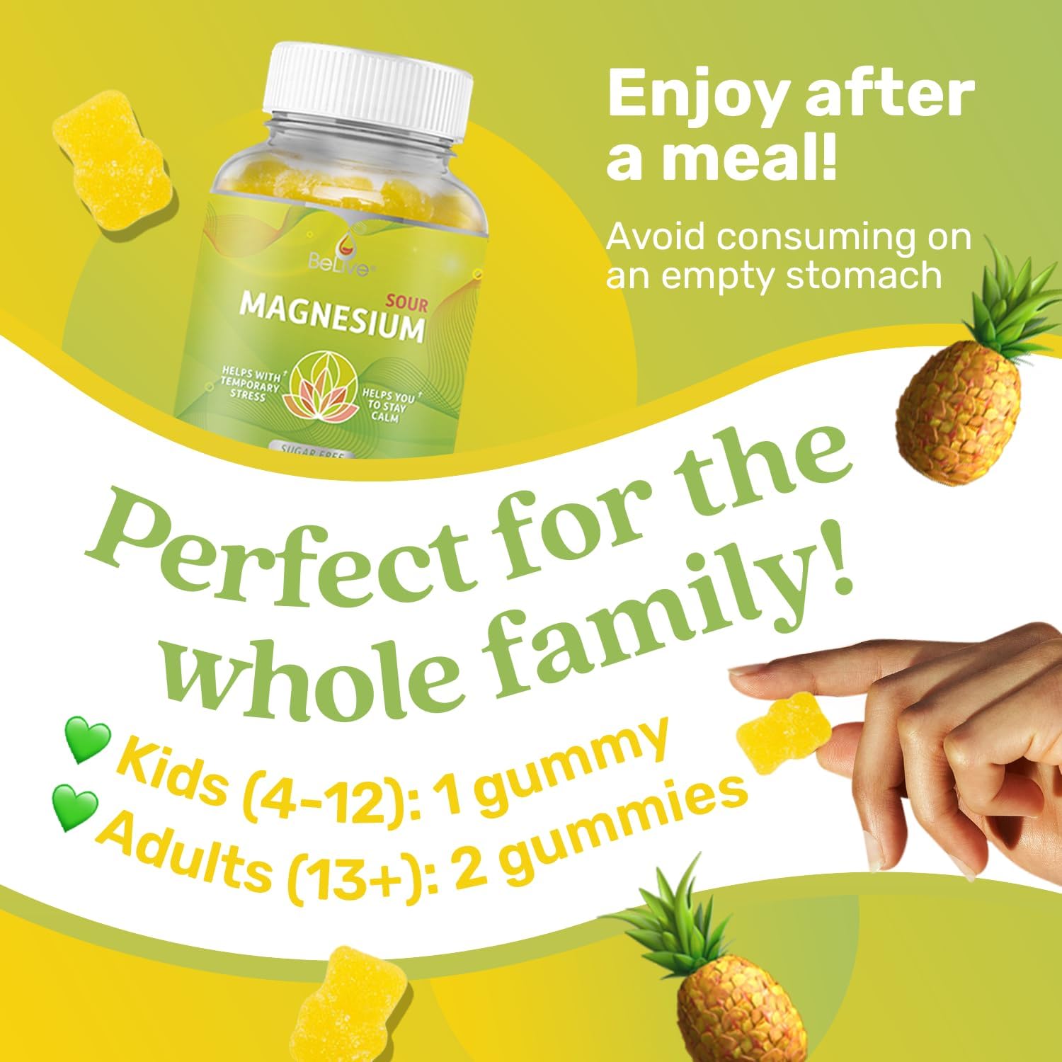 BeLive Magnesium Gummies 200mg - 60 Ct | Magnesium Glycinate Supplements for Relaxation, Stress Relief, and Sleep for Adults & Kids - Tasty and Tangy Pineapple Flavor (2)