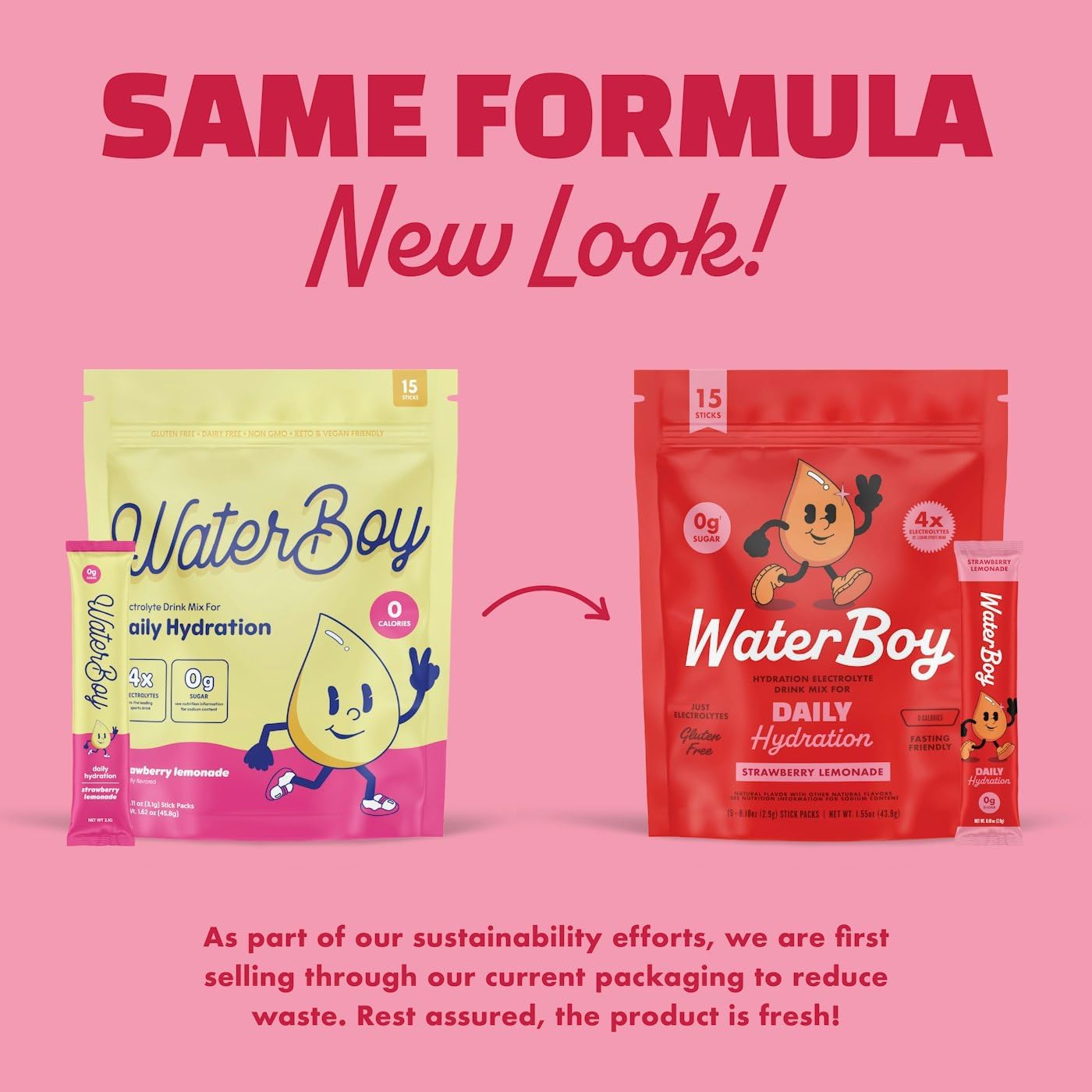 Waterboy Daily Hydration | 1,570mg Electrolyte Powder Packets | No Sugar, All Natural, Gluten Free, Zero Calories | 15 Drink Stick Mixes (Strawberry Lemonade)