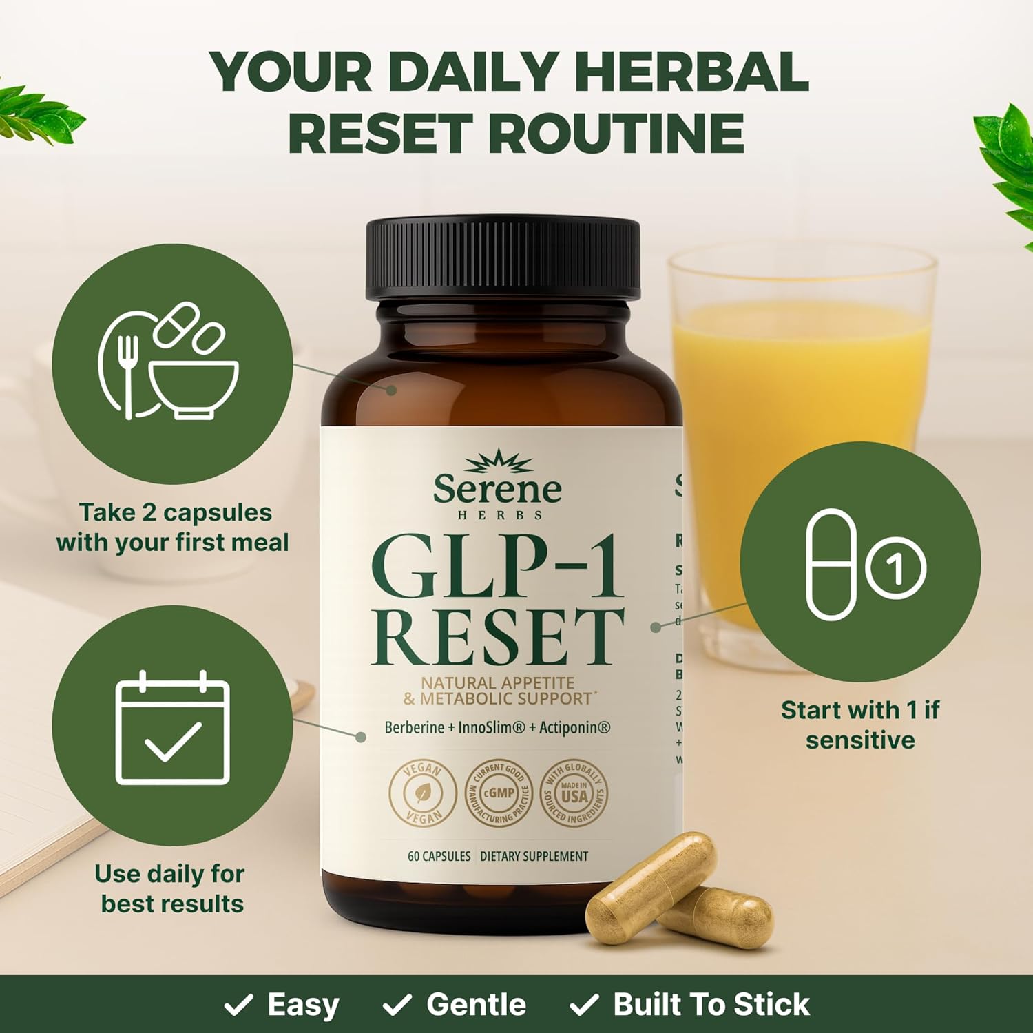 Serene Herbs GLP-1 Supplement for Women & Men - Hunger & Metabolism Support with Berberine, InnoSlim, Actiponin - Natural GLP1 Booster to Support Appetite, Digestion & Gut Health - Vegan - 60 Capsules