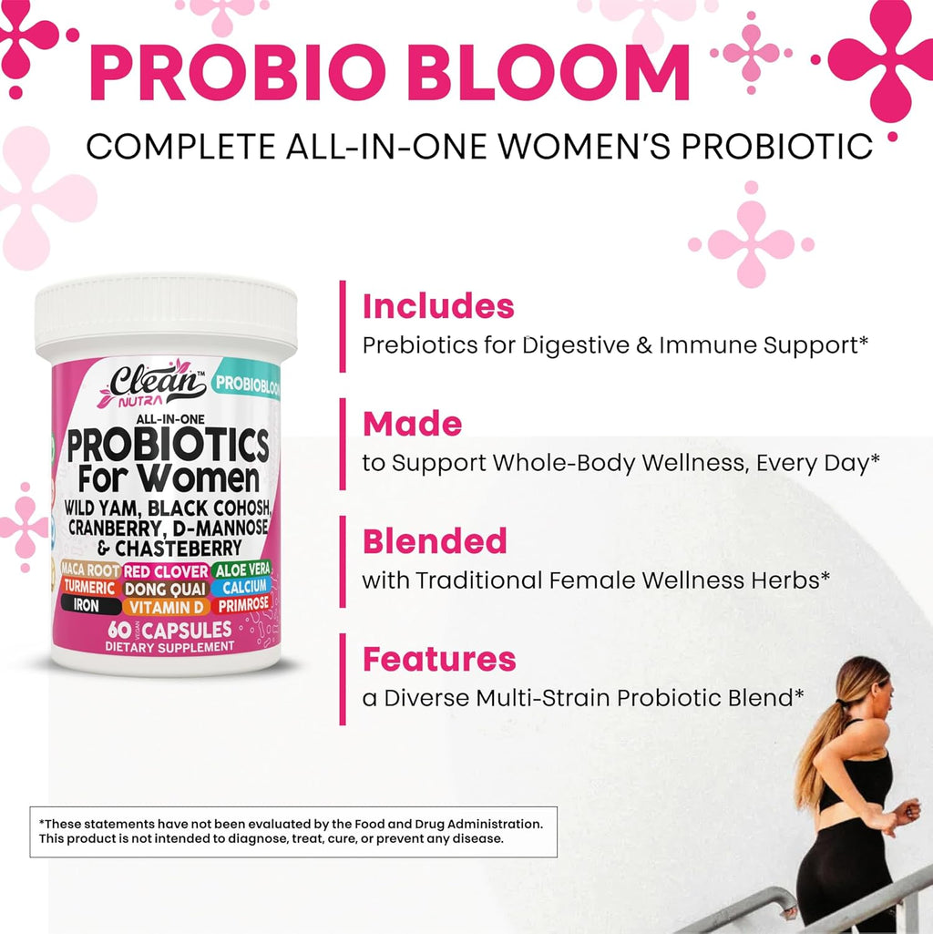 Clean Nutraceuticals Probiotics for Women with D Mannose, Cranberry Extract, Wild Yam, Chasteberry - 20 Probiotic and Prebiotic Strains - PH Balance, Womens Probiotic for Digestive Health - 60 Count
