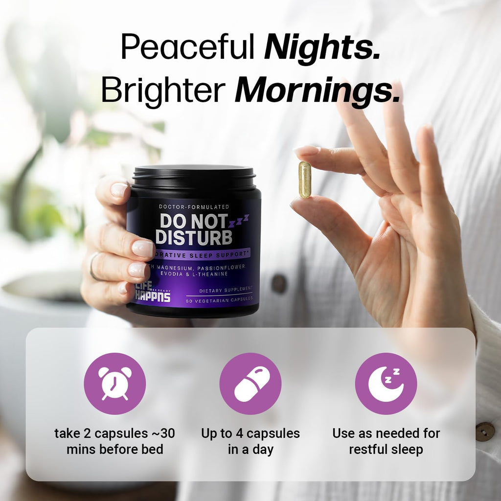 Life Happns Do Not Disturb Sleep Aid for Adults Natural Supplement with L-Theanine, Magnesium, Passion Flower & Evodia Fruit for Restorative Sleep Melatonin-Free, Non Habit-Forming, 60 Capsules