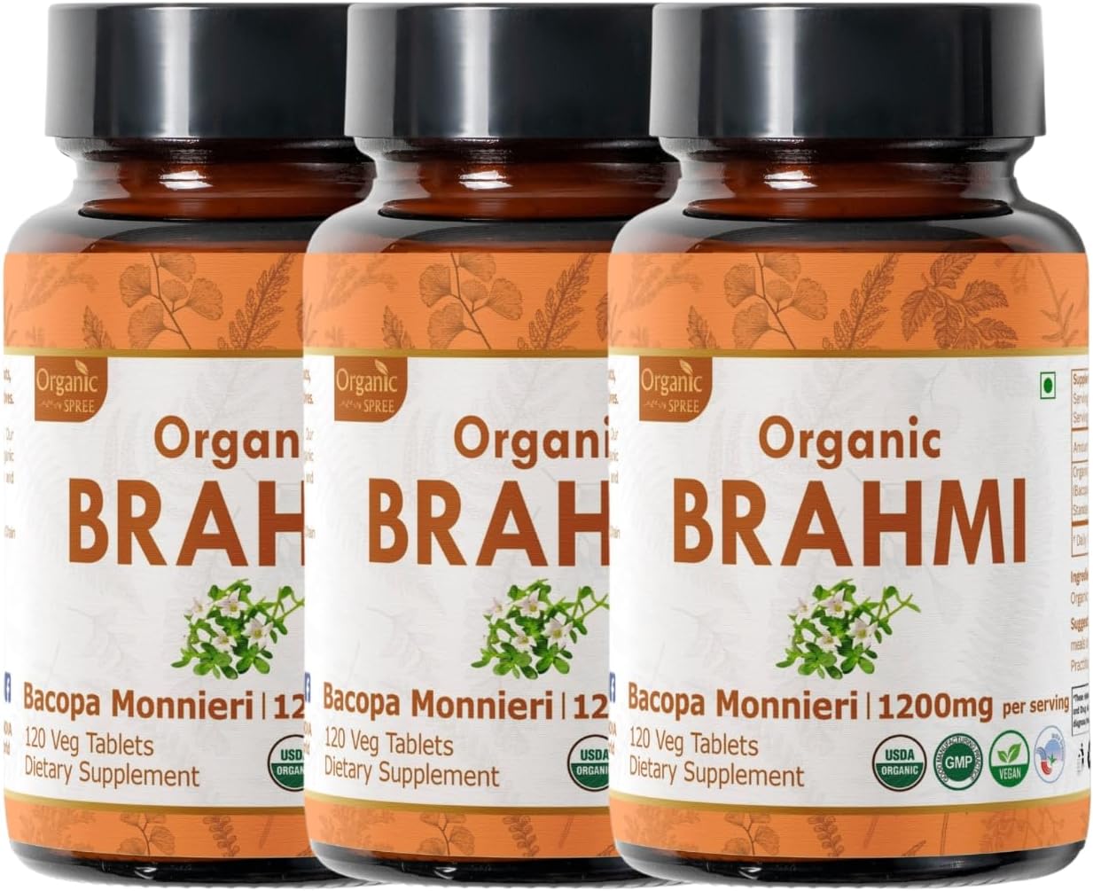 Brahmi 120 Tablets – USDA Organic Bacopa Monnieri Supplement – Supports Focus, Calm & Memory – Herbal Nootropic* - Pack of 3
