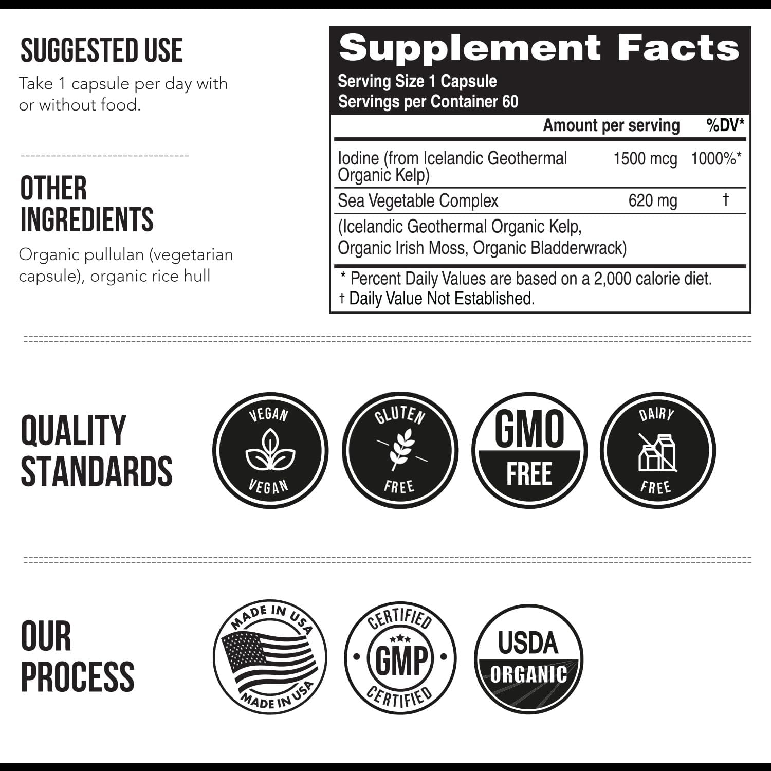 Organic Iodine Supplement – 1,500 mcg Iodine, Max Strength - from Sea Vegetable Complex, Whole Food & Raw Form – Contains Purest Icelandic Sea Kelp, Irish Moss & Bladderwrack (1500 mcg)