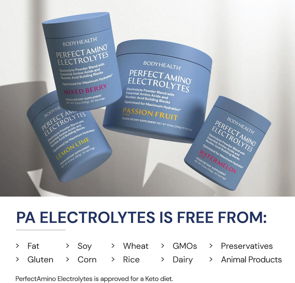 BodyHealth PerfectAmino Electrolytes Powder No Sugar, Hydration Fasting Keto Zero Sugar Electrolytes Drink Mix with Trace Minerals - Passion Fruit - 60 Servings