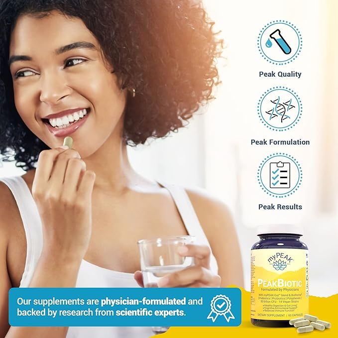 myPEAK PeakBiotic: The Ultimate Vegan Synbiotic with 50 Billion CFU Probiotics Prebiotics Postbiotics Modbiotics and Gut Lining to Enhance Digestion, Skin, and Mood with 2-Month Supply, 60 Capsules