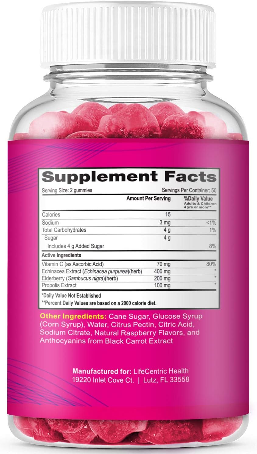Elderberry Gummies for Kids & Adults Plus Vitamin C, Propolis & Echinacea Delicious Raspberry Gummy