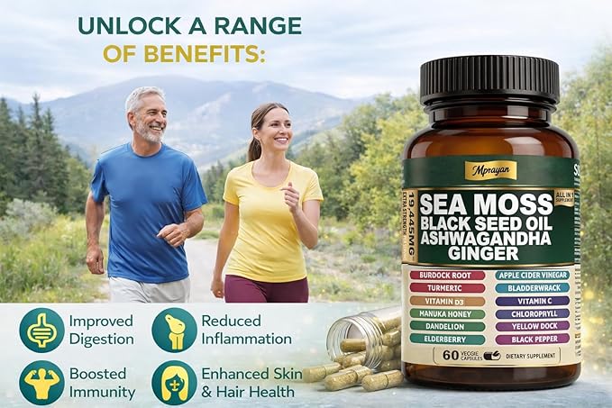 Sea Moss Capsules with Black Seed Oil, Ashwagandha & Ginger – Extra Strength 10:1 Herbal Blend with Turmeric, Burdock Root, Bladderwrack + Vitamin C & D3 – 60 Capsules (30 Servings)