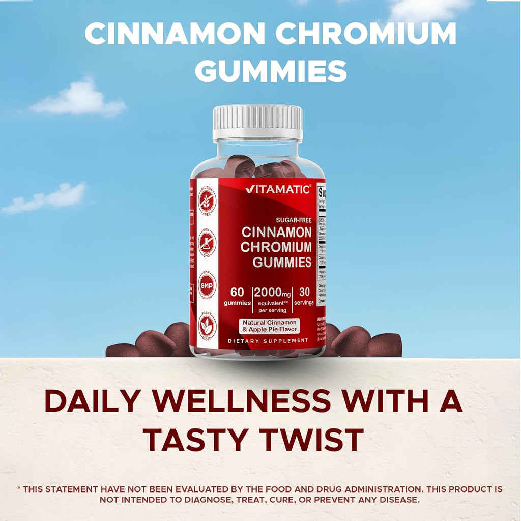Vitamatic Sugar-Free Chromium Gummies with Ceylon Cinnamon – 2000 mg Equivalent Per Serving (from Extract 83 mg) – Non-GMO, Gluten-Free – 60 Vegan Gummies – 2 Pack