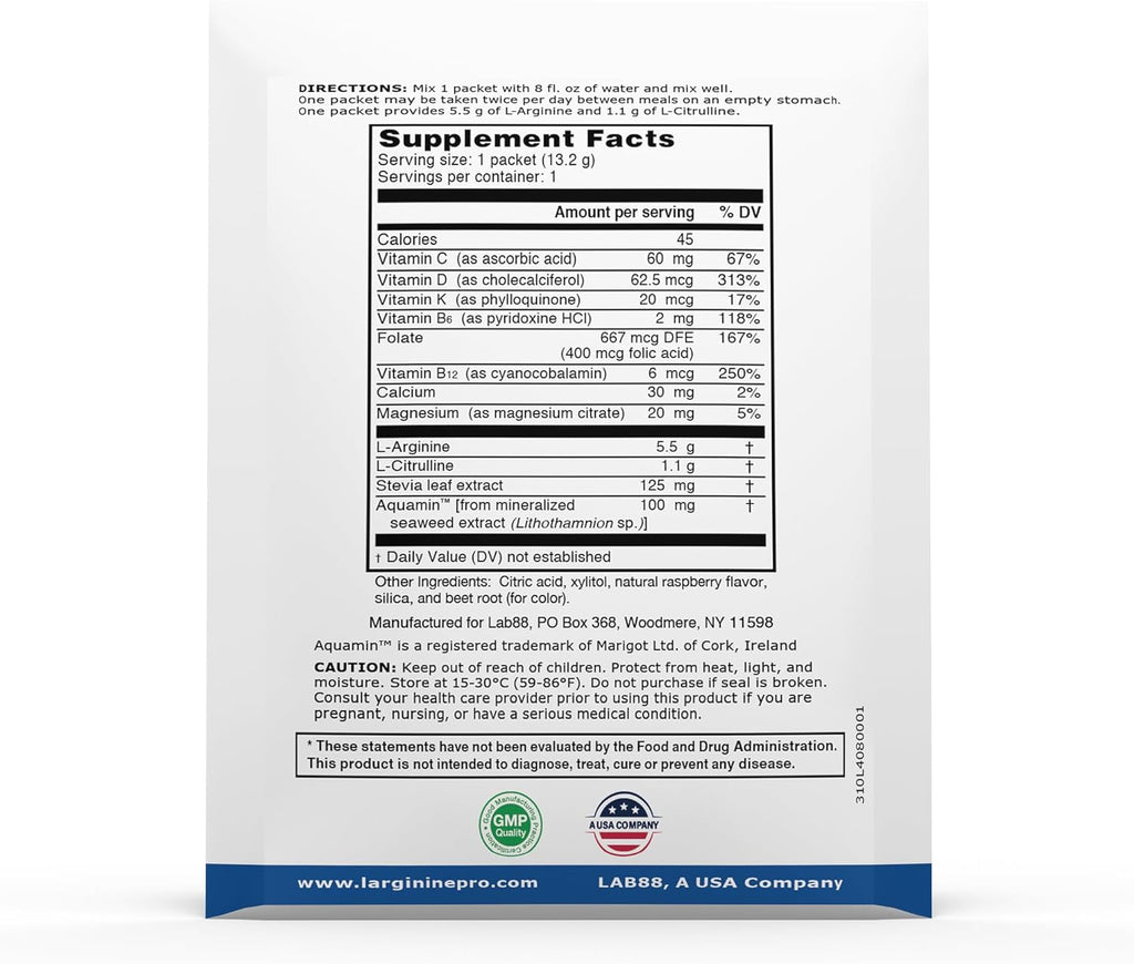 L-ARGININE PRO Supplement Powder | 60 Packets Single Serve Travel Size | 5,500mg of L-arginine Plus 1,100mg L-Citrulline, Raspberry