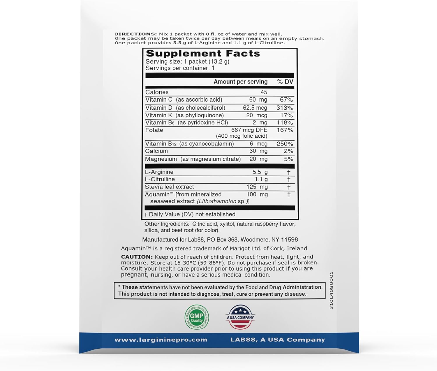 L-ARGININE PRO Supplement Powder | 60 Packets Single Serve Travel Size | 5,500mg of L-arginine Plus 1,100mg L-Citrulline, Raspberry