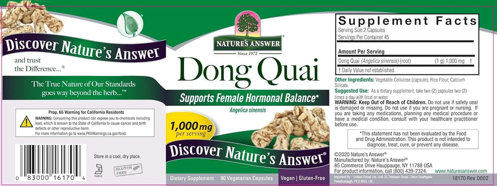 Nature's Answer Dong Quai Root 1000mg | Dietary Supplement | Supports Female Hormone Balance | Non-GMO, Vegan, Kosher Certified & Gluten-Free | Vegetarian Capsules 90ct