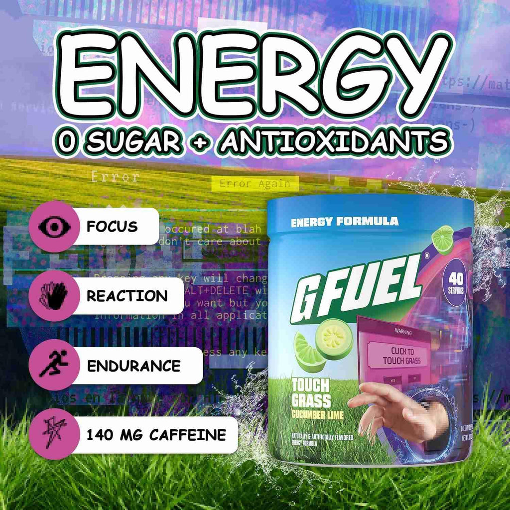 G Fuel Touch Grass Energy Drink Powder, Pre Workout Caffeine Mix for Gaming, Sugar Free Focus Amino, Vitamin + Antioxidants, 9.8oz (Cucumber Lime, 40 Servings)