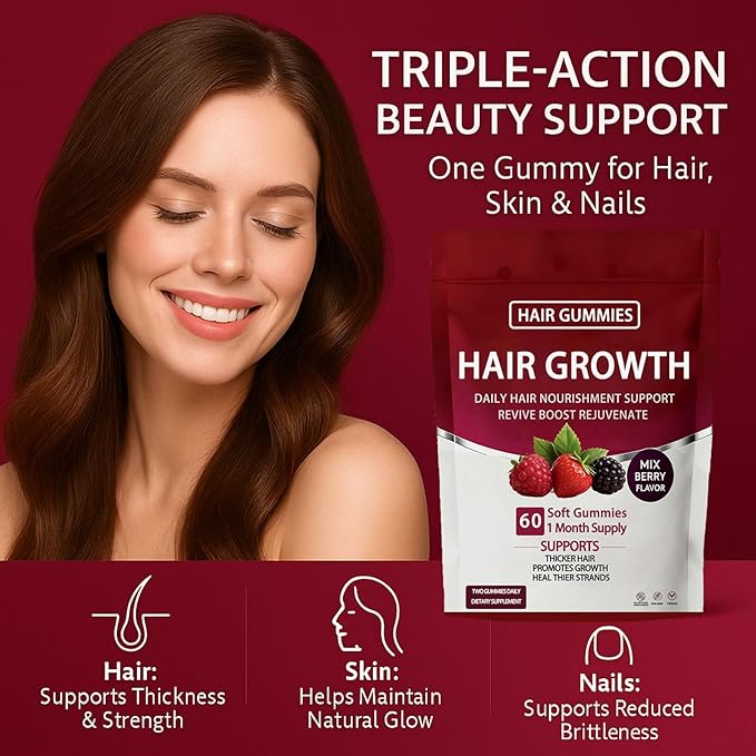 Lumin Hair Growth Gummies – Daily Hair Nourishment with Biotin, Collagen & Botanical Extracts – Supports Thicker, Stronger & Healthier-Looking Hair – Mixed Berry Flavor, 60 Gummies (2)