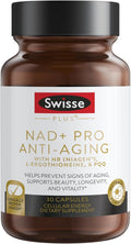 Swisse NAD+ Pro Anti-Aging | Featuring Clinically Proven 300mg Niagen® | L-Ergothioneine & PQQ | Supports Beauty, Longevity & Vitality | 30 Capsules