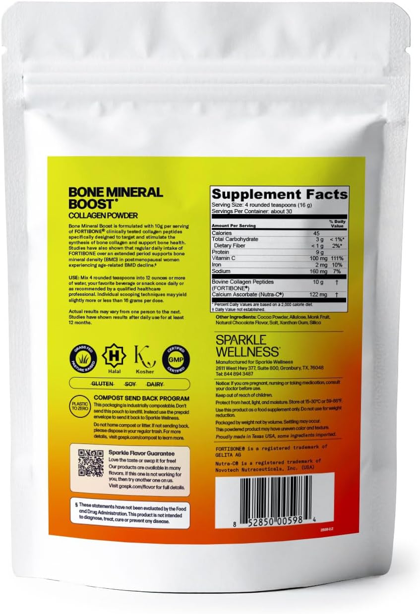 Sparkle Wellness Bone Mineral Boost (Chocolate) [30 Serves] | Collagen Powder Supplement | FORTIBONE Bioactive Collagen Peptides and Buffered Vitamin C Nutra C | Bone Supplements