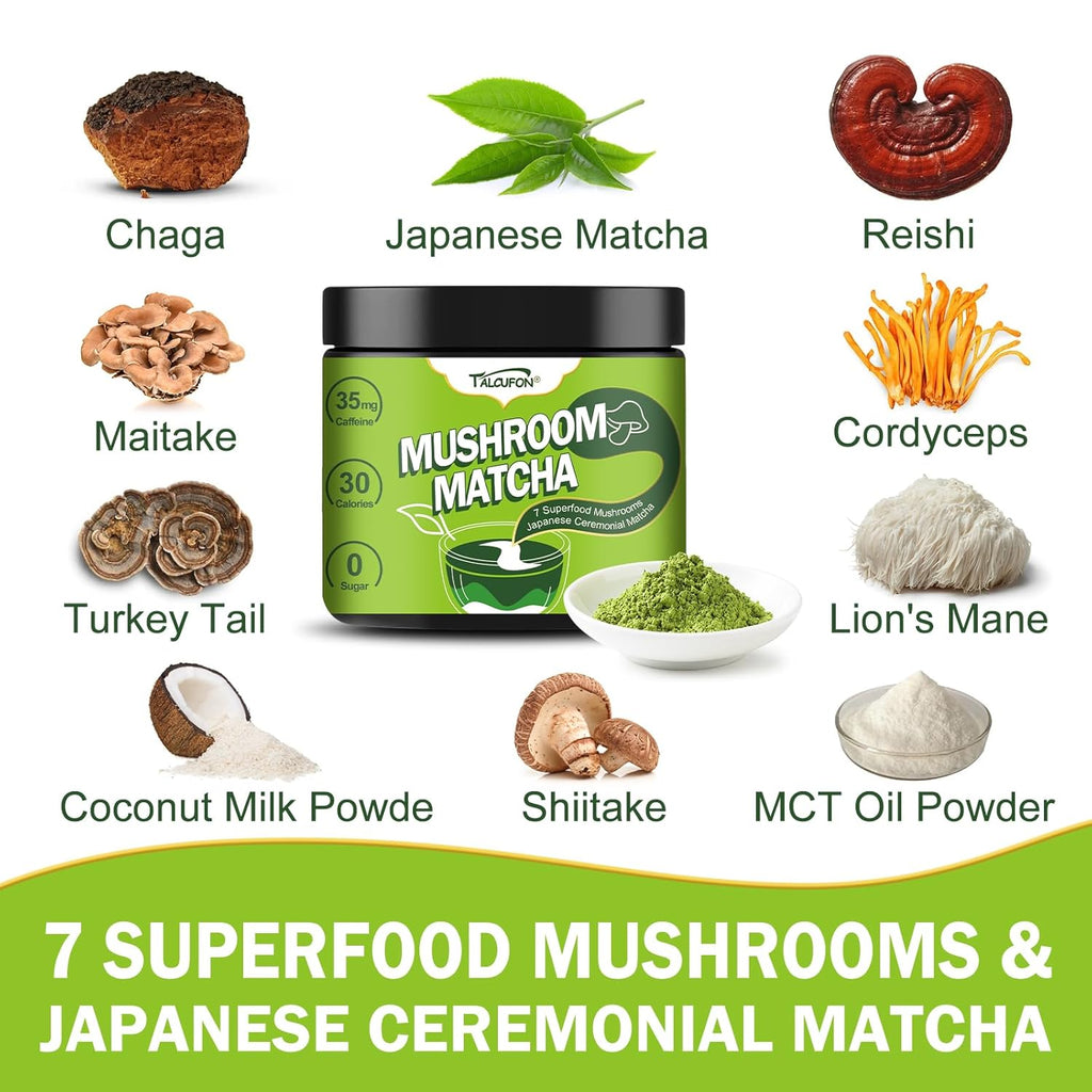 TALCUFON Mushroom Matcha 4.23 Oz, Japanese Ceremonial Matcha Blend 7 Superfood Mushrooms All Natural, Gluten Free, Taste Great Hot or Cold Latte 120G