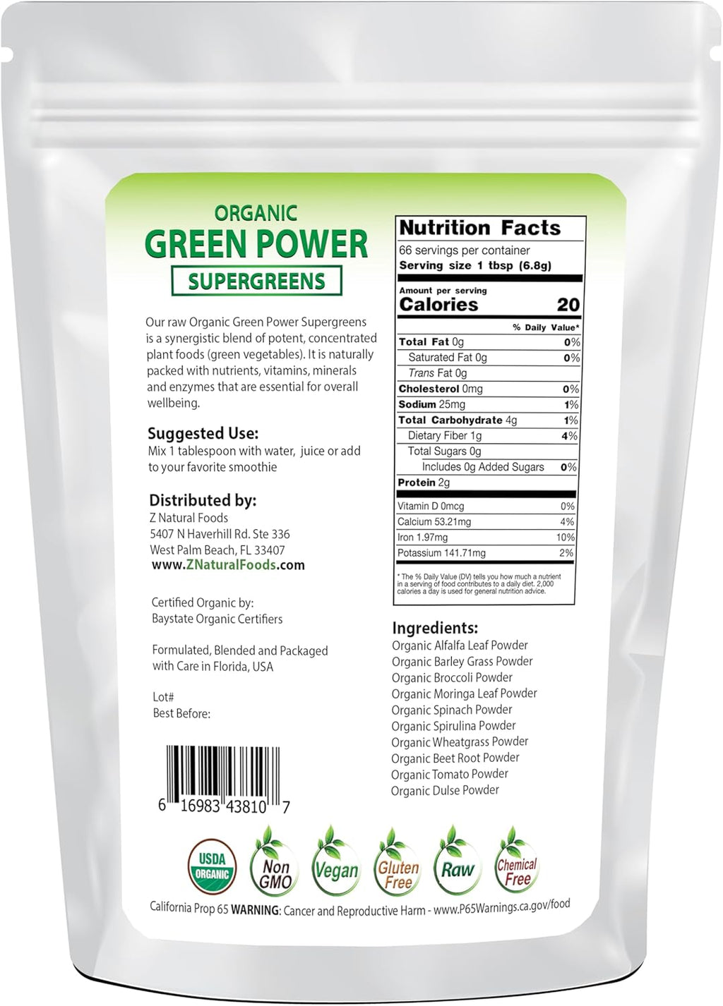 Z Natural Foods Organic Greens Superfood Powder - Barley Grass, Wheatgrass, Spirulina, Spinach, Broccoli, Alfalfa Leaf, Beet Root, Tomato, Dulse & Moringa - Raw Vegan Gluten Free - 1lb