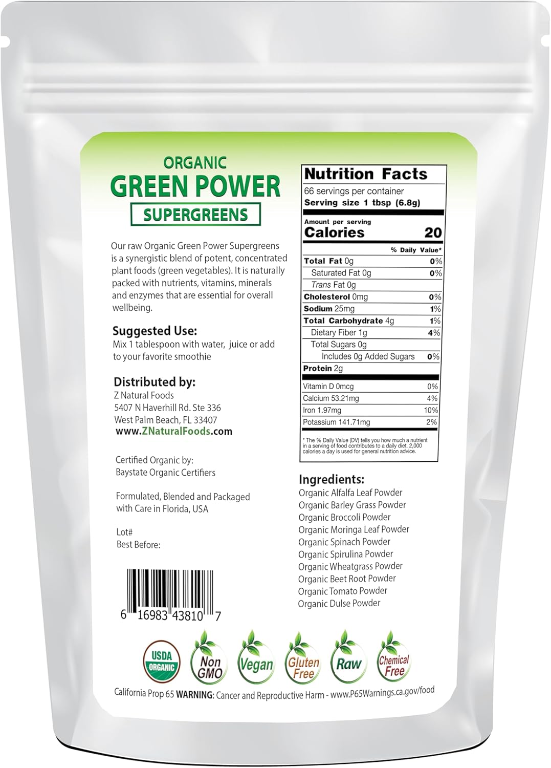 Z Natural Foods Organic Greens Superfood Powder - Barley Grass, Wheatgrass, Spirulina, Spinach, Broccoli, Alfalfa Leaf, Beet Root, Tomato, Dulse & Moringa - Raw Vegan Gluten Free - 1lb