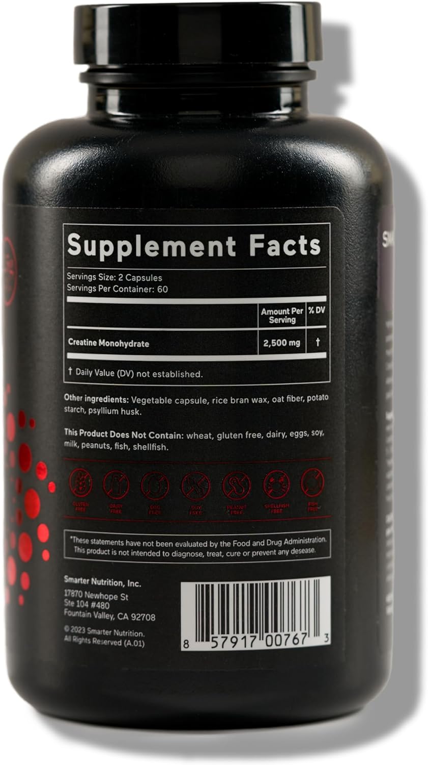 SMARTERNUTRITION Creatine Monohydrate Pills with 2500mg (2.5g) Per Serving, Vegan Capsules - Pre & Post Workout Recovery Support, Promotes Muscle Mass &. Endurance - 120 Count[60-Day Supply]