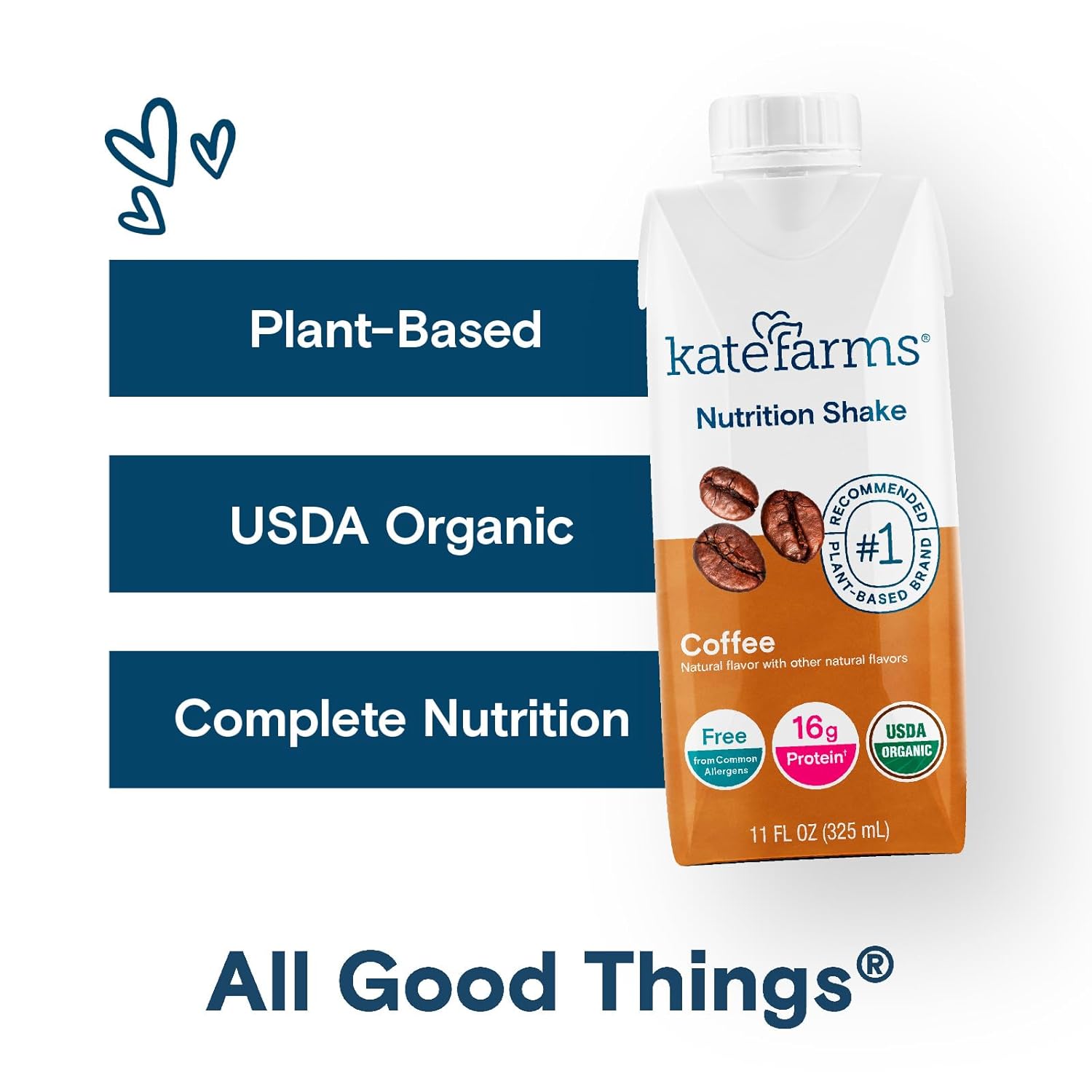 KATE FARMS Organic Nutrition Shake, Coffee, 16g protein, 27 Vitamins and Minerals, Protein Meal Replacement Drink, Plant Based, 11 oz (6 Pack)