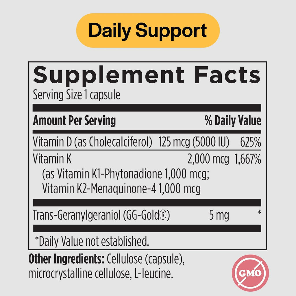 Vitamin D3 K2 Vitamin 5000 IU - VIT D3 K2 Supplement for Calcium Absorption, Bone Strength, Cardiovascular & Immune Function Support, Soy-Free, Non-GMO 60 Vegetarian Capsules